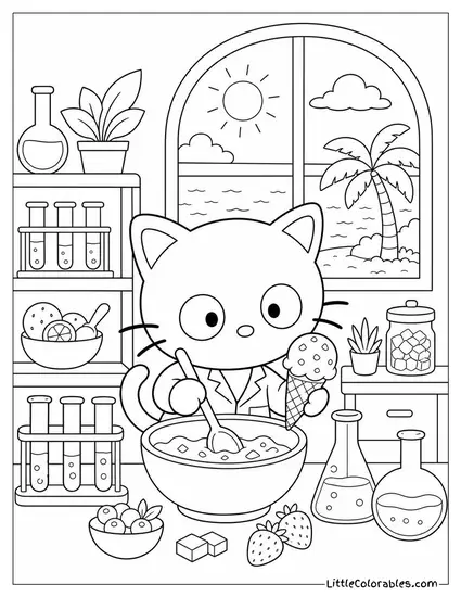 Chococat Inventing a New Ice Cream Flavor in a Tiny Lab Coloring Page