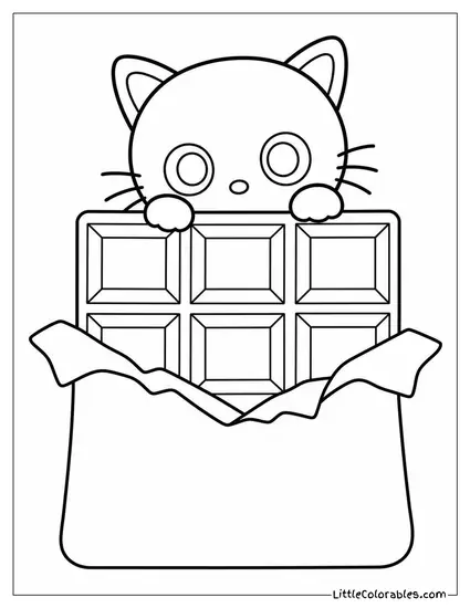 Chococat Peeking Out of a Giant Chocolate Bar Coloring Page
