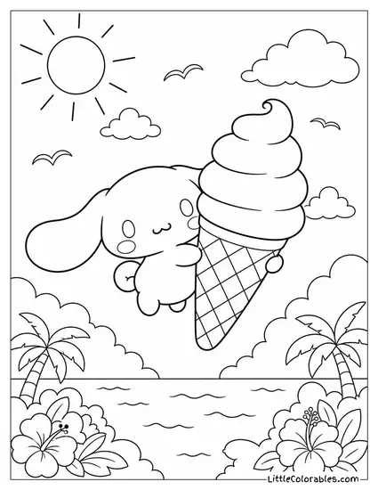 Cinnamoroll Floating With a Soft Serve Cone Bigger Than Him Coloring Page