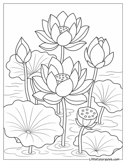 Cluster of Lotus Flowers in Different Stages of Bloom Coloring Page