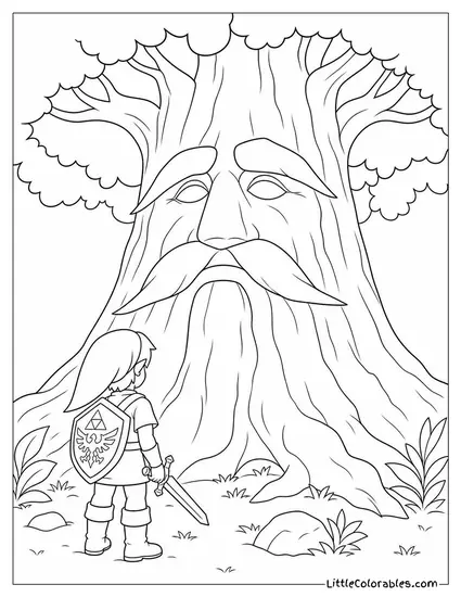 Deku Tree Towering Over a Quiet Forest Clearing Zelda Coloring Page
