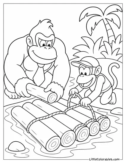 Donkey Kong and Diddy Kong Building a Raft on a Jungle River Coloring Page
