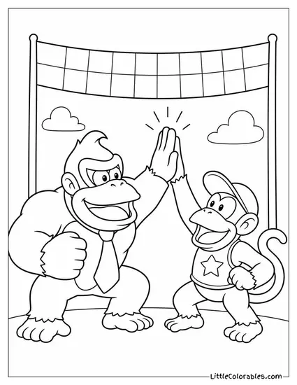Donkey Kong and Diddy Kong High Fiving After Winning a Race Coloring Page