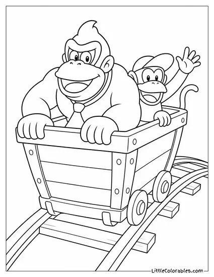 Donkey Kong and Diddy Kong Riding in a Mine Cart Coloring Page
