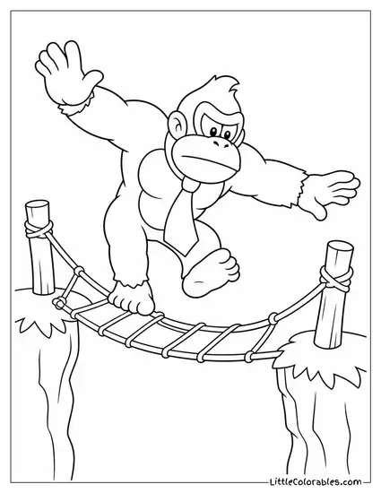 Donkey Kong Balancing Precariously on a Thin Jungle Bridge Coloring Page