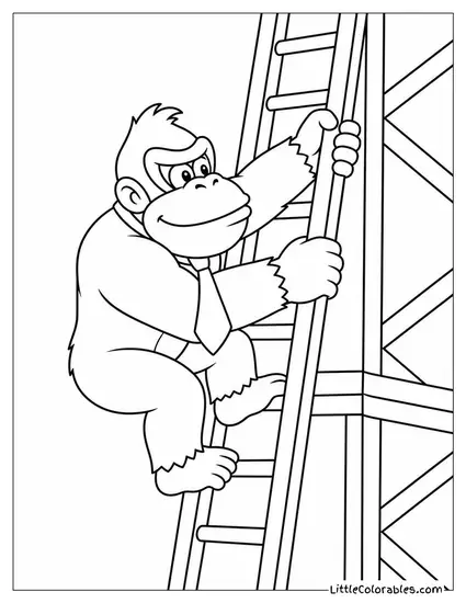 Donkey Kong Climbing a Tall Ladder on a Construction Site Coloring Page