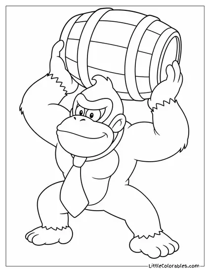 Donkey Kong Holding Onto a Giant Barrel About to Throw It Coloring Page