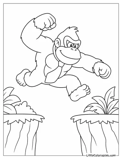 Donkey Kong Leaping Across a Gap Between Two Jungle Platforms Coloring Page