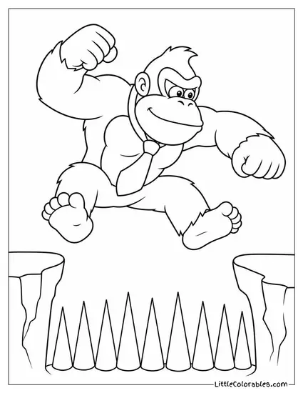 Donkey Kong Leaping Over a Pit of Spikes Coloring Page