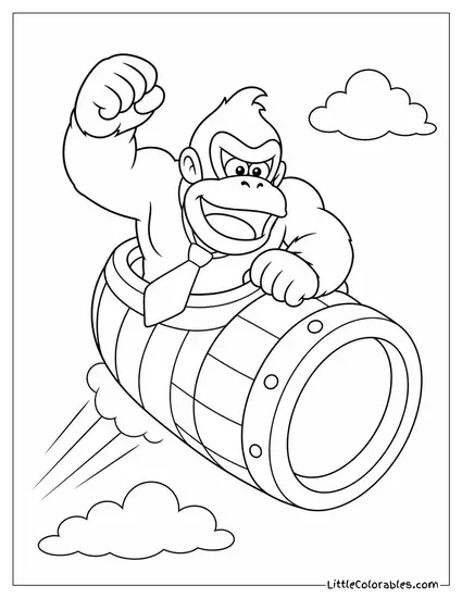 Donkey Kong Riding a Barrel Cannon Through the Sky Coloring Page