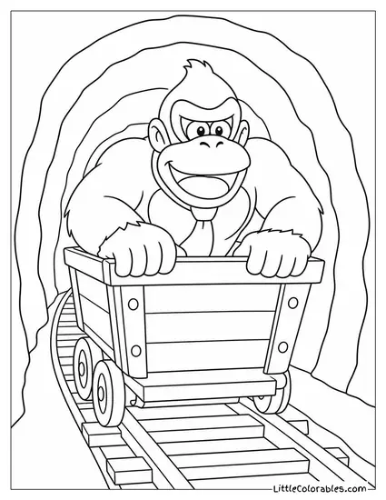 Donkey Kong Riding a Mine Cart Through an Underground Tunnel Coloring Page