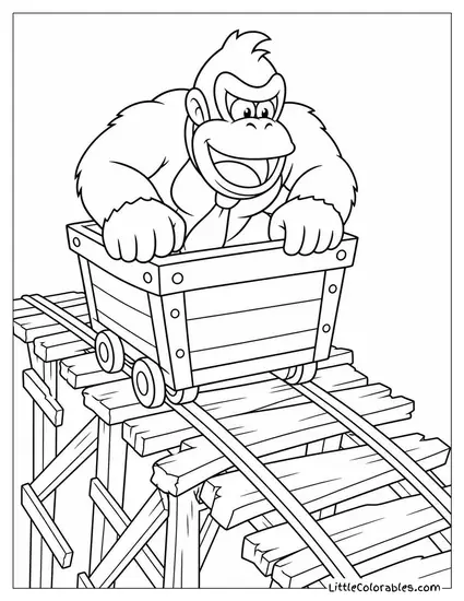 Donkey Kong Riding a Minecart Over a Rickety Wooden Bridge Coloring Page