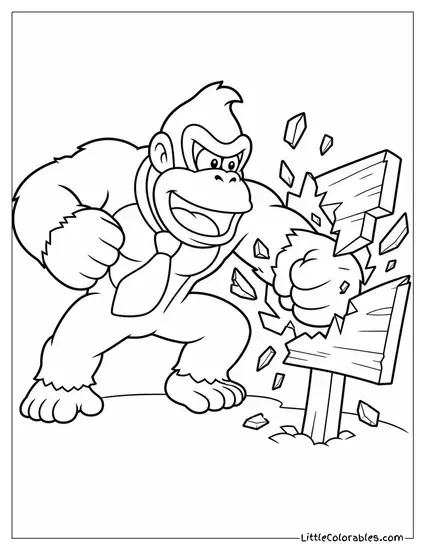 Donkey Kong Smashing a Wooden Sign With His Bare Fists Coloring Page