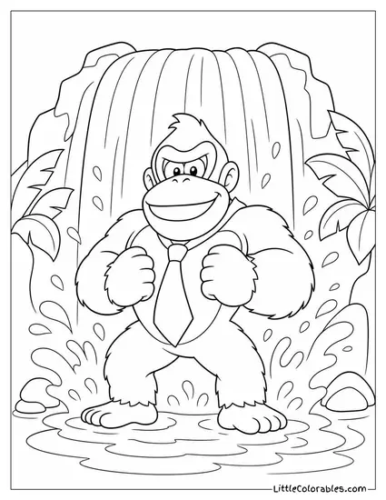Donkey Kong Standing Under a Waterfall in the Jungle Coloring Page