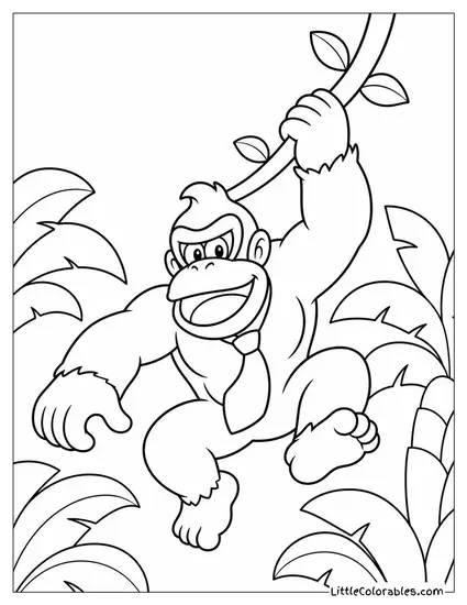 Donkey Kong Swinging From a Vine Through a Dense Jungle Coloring Page