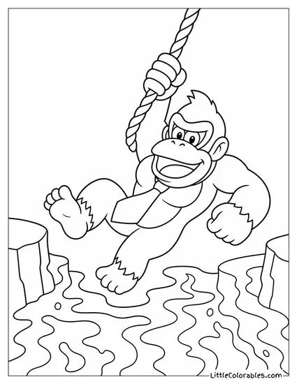 Donkey Kong Swinging on a Rope Above a River of Lava Coloring Page