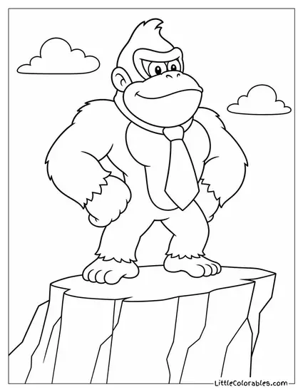 Donkey Kong Wearing His Red Necktie Standing on a Cliff Coloring Page