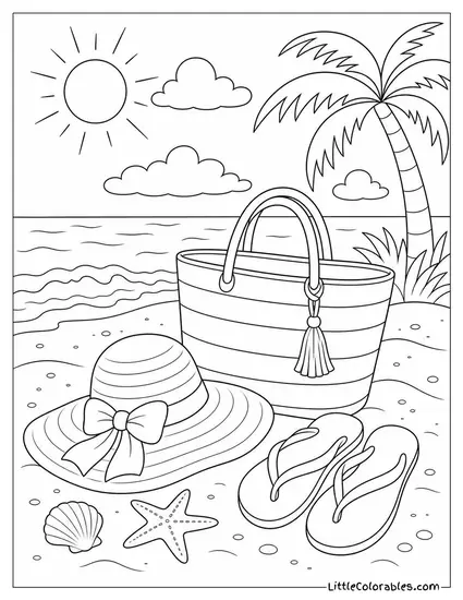 Flip Flops and a Sun Hat Near a Beach Bag Coloring Page