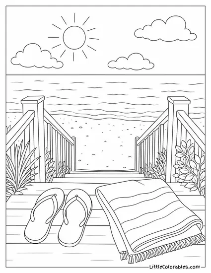 Flip Flops and a Towel at the Top of Beach Steps Coloring Page