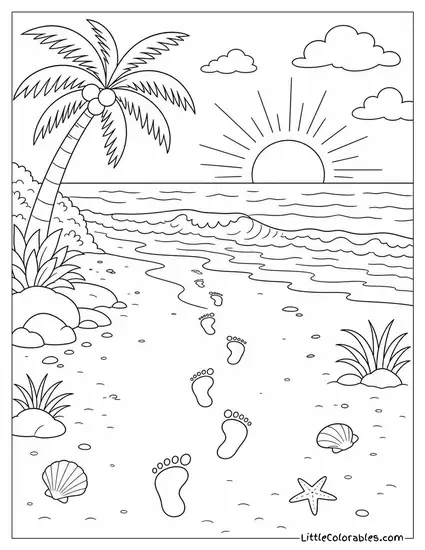 Footsteps in Wet Sand Leading Toward the Shoreline Coloring Page