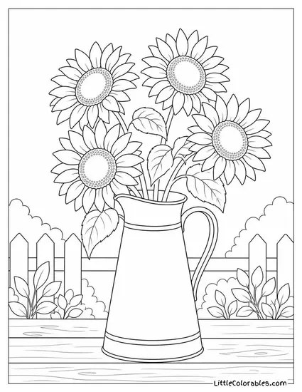 Four Sunflowers Leaning Out of a Tall Enamel Pitcher Coloring Page