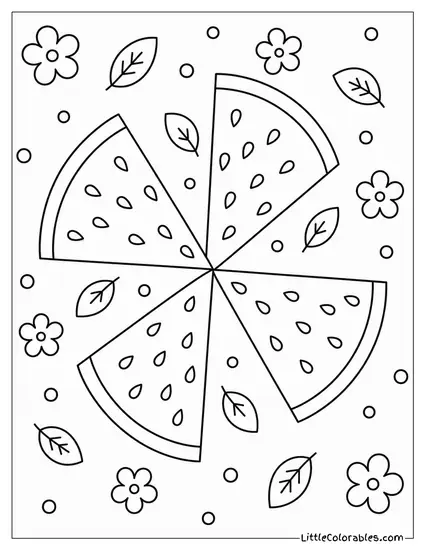 Four Watermelon Slices Arranged in a Pinwheel Pattern Pointing Coloring Page