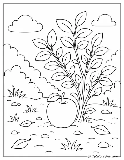 Freshly Dropped Apple Resting Under a Small Bush Coloring Page