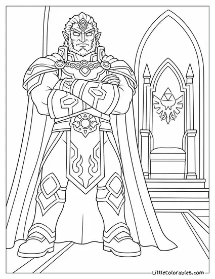 Ganondorf Looming Over a Dark Throne Room Zelda Coloring Page