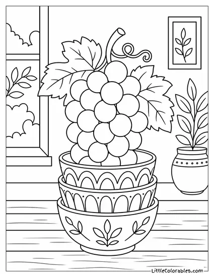 Grape Bunch Balanced on Top of a Short Stack of Small Ceramic Bowls Coloring Page