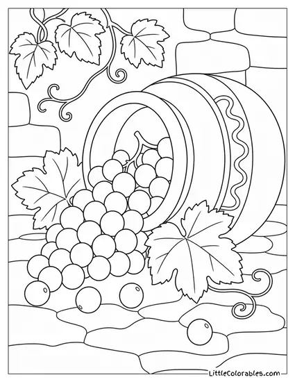 Grapes Spilling Out of a Tipped Over Terracotta Pot on Its Side Coloring Page