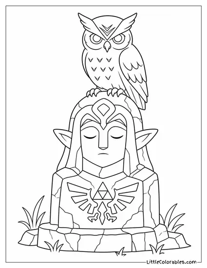Great Owl Perched on an Ancient Stone Statue Zelda Coloring Page