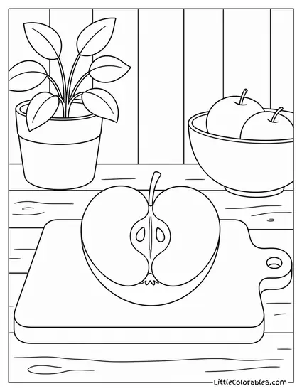 Half an Apple Sitting Flat on a Cutting Board Coloring Page
