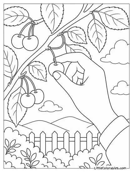 Hand Picking a Ripe Cherry From a Branch Coloring Page