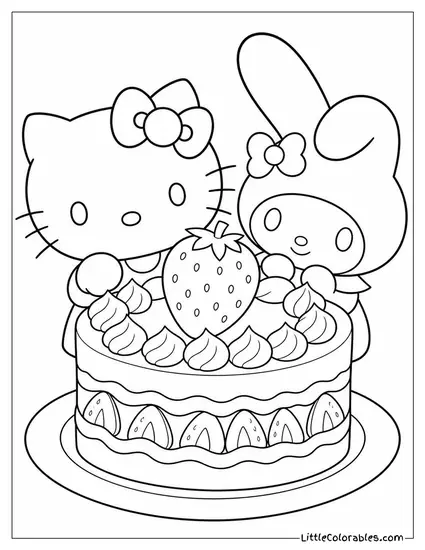 Hello Kitty and My Melody Sharing a Giant Strawberry Shortcake Coloring Page