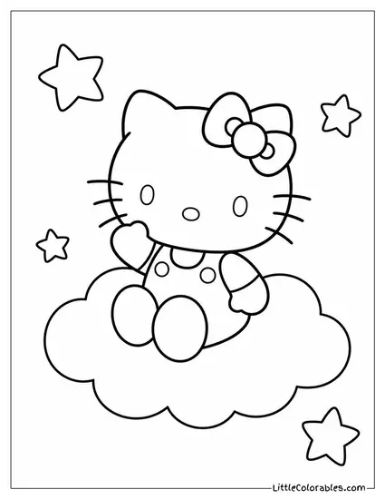 Hello Kitty Floating on a Fluffy Cloud With Stars Coloring Page