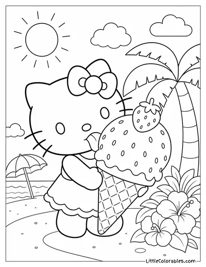 Hello Kitty Licking a Giant Strawberry Ice Cream Cone Coloring Page