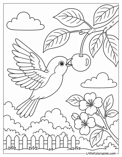 Hungry Bird Pecking at a Ripe Hanging Cherry Coloring Page