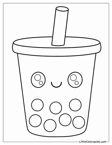 Kawaii Boba Tea Cup With a Smiling Face and Straw Coloring Page