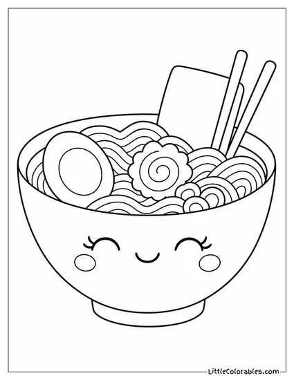 Kawaii Bowl of Ramen Noodles With a Content Closed Eye Smile Coloring Page