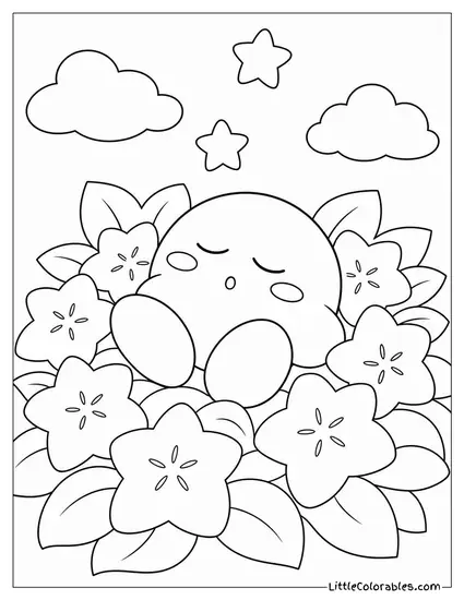 Kirby Sleeping Peacefully in a Field of Star Shaped Flowers Coloring Page