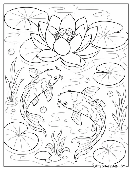Koi Fish Swimming Gently Beneath a Floating Lotus Bloom Coloring Page