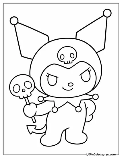 Kuromi Holding a Skull Shaped Lollipop With a Mischievous Grin Coloring Page
