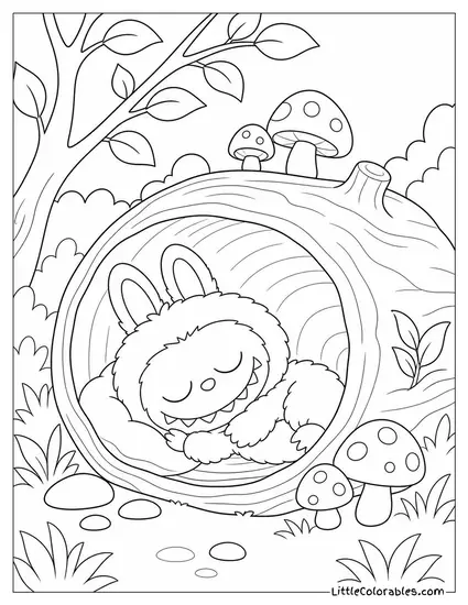 Labubu Asleep Inside a Hollow Log With Tiny Mushrooms Coloring Page