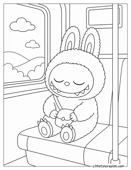 Labubu Asleep Sitting Upright on a Train With a Small Bag Coloring Page