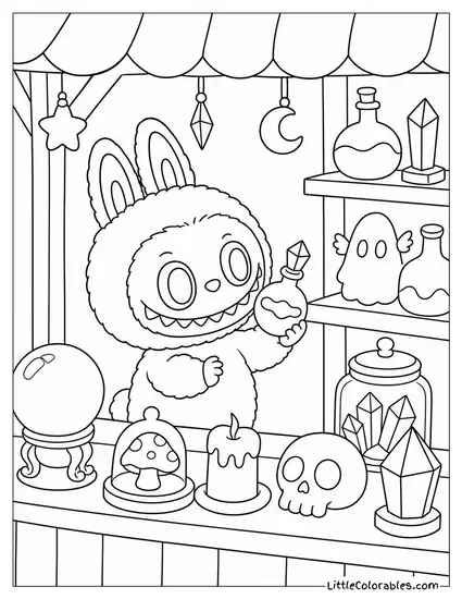 Labubu at a Market Stall Full of Strange Trinkets Coloring Page