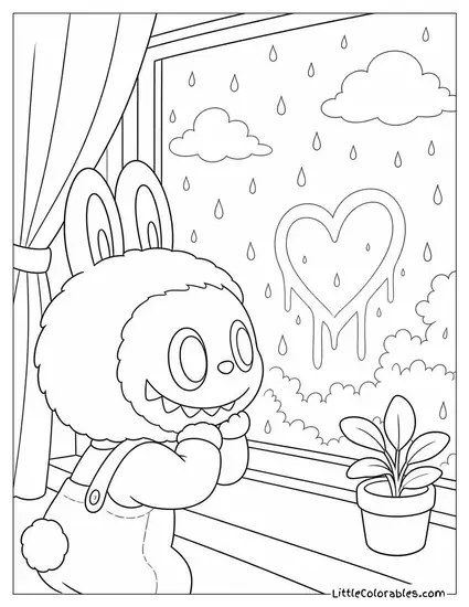 Labubu at a Rainy Window With Fog Drawn on the Glass Coloring Page