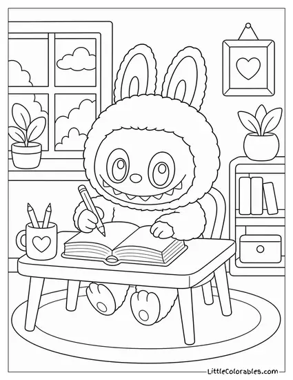 Labubu at a Tiny Desk Writing in a Thick Journal Coloring Page