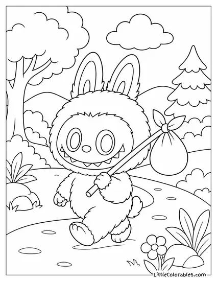 Labubu Carrying a Bundle Stick Over Her Shoulder Coloring Page