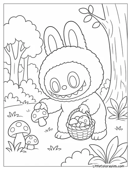 Labubu Collecting Mushrooms in a Small Wicker Basket Coloring Page