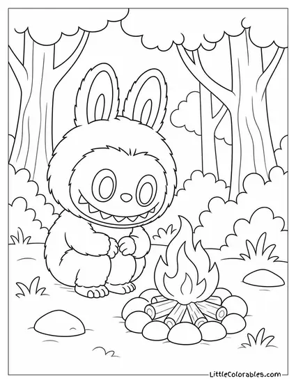 Labubu Crouching Beside a Tiny Campfire in the Woods Coloring Page